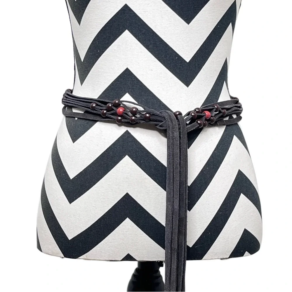 Bohemian Beaded Hippie Suede Leather OS Tie Belt